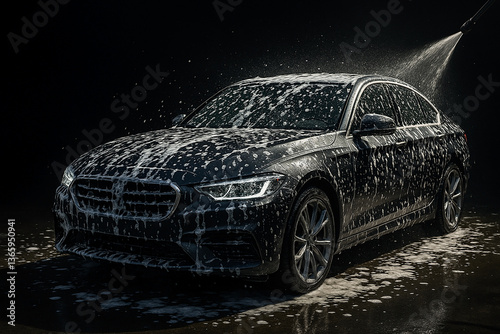 Black luxury car being washed with water and soap foam in dark setting, symbolizing auto care, vehicle cleaning, maintenance, detailing and car service