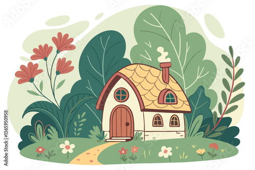 67 Whimsical cottage, giant leaf roof, fantasy architecture, lush green foliage, fairy tale house, enchanted forest, vibrant colors, surreal landscape, magical dwelling, oversized plant life, storyboo