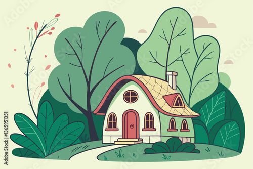 67 Whimsical cottage, giant leaf roof, fantasy architecture, lush green foliage, fairy tale house, enchanted forest, vibrant colors, surreal landscape, magical dwelling, oversized plant life, storyboo