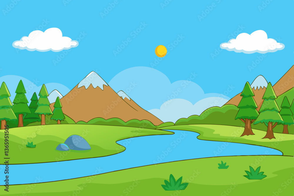 Fototapeta premium Summer natural landscape with mountains, trees, clouds, and a road in a green meadow