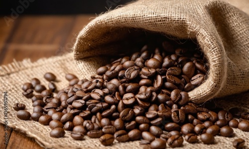 Aromatic Coffee Beans Spilling from Rustic Burlap Sack on Wooden Surface