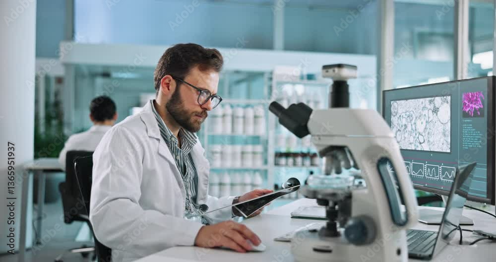 Clipboard, man and scientist with technology in laboratory for DNA research, study or project. Checklist, RNA and professional biologist working on pharmaceutical innovation with medical analysis. Clipboard, man and scientist with technology in laboratory for DNA research, study or project. Checklist, RNA and professional biologist working on pharmaceutical innovation with medical analysis.