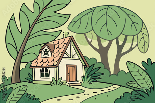 68 Whimsical cottage, giant leaf roof, oversized tropical leaves, fairytale house, forest clearing, magical dwelling, emerald green foliage, storybook architecture, enchanted forest, fantasy home, sur