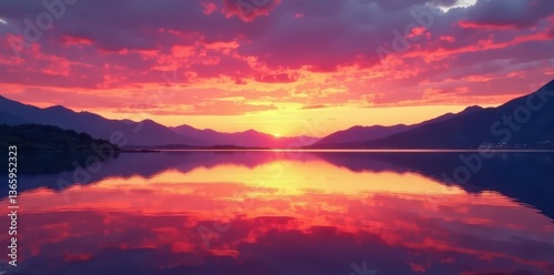 Serene sunset mirrored, calm water Lake Mead's vibrant hues, red, peaceful, serenity