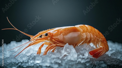 A single shrimp resting on a bed of ice, highlighting its detailed texture and vibrant color. The fresh seafood is chilled, ready for gourmet culinary creations or seafood markets.. AI Generation