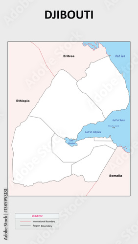 Djibouti map. Political map of Djibouti with Country border in outline. Political map of Djibouti with outline and neighbouring countries.