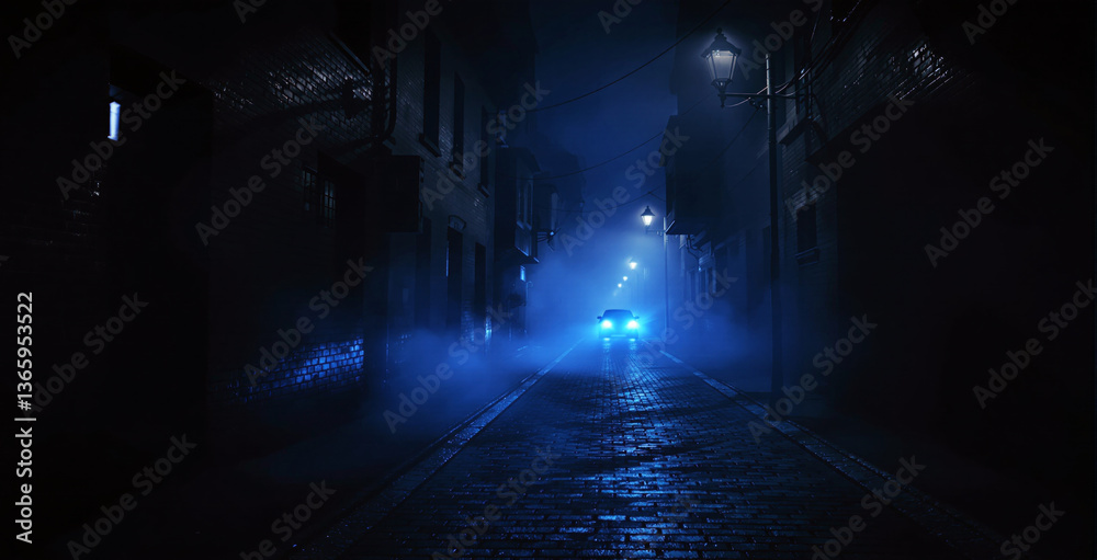 Fototapeta premium Dimly lit foggy street with old architecture, illuminated by street lamps and headlights of an approaching car. Mysterious and cinematic atmosphere. Ai generative