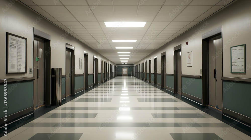 Obraz premium Long Hospital Corridor With Teal Walls And Ceiling Lights Featuring Multiple Closed Doors And Linear Perspective