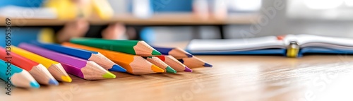 Vibrant colored pencils in focus classroom table close-up shot creative learning space bright environment artistic exploration