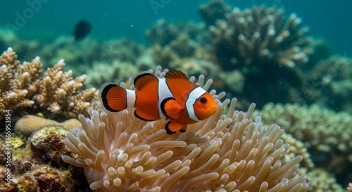 Colorful clownfish guarding its sea anemone home in coral reefs marine