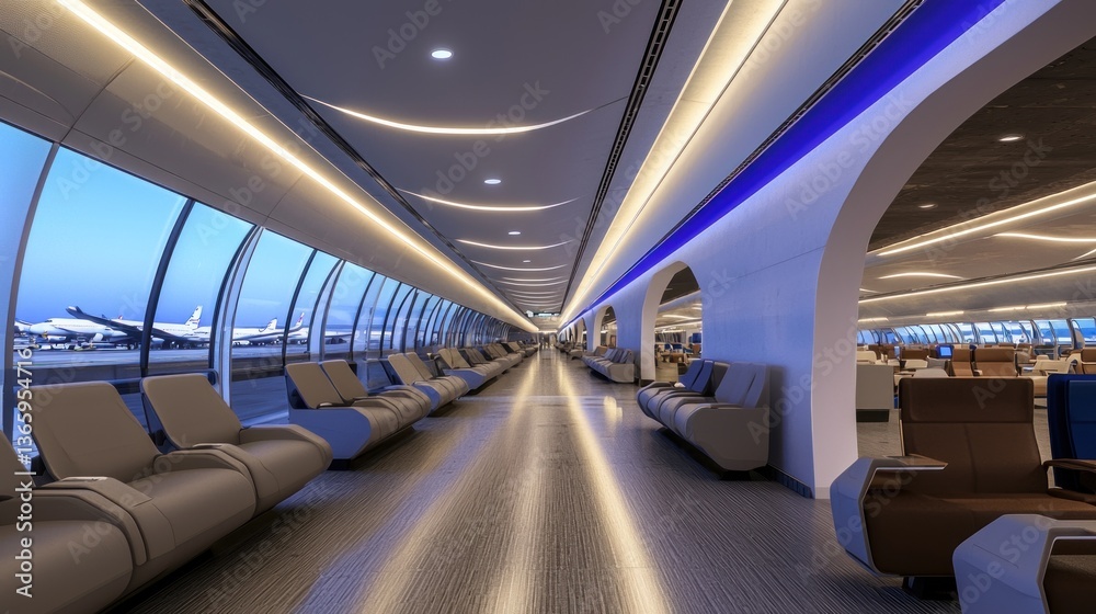Fototapeta premium Modern airport terminal interior showcasing sleek design, spacious seating, and aircraft in background