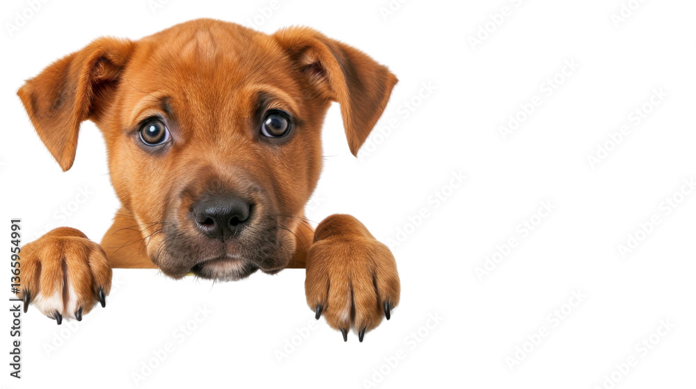 Cute puppy peeking over a blank sign with transparent background Cute puppy peeking over a blank sign with transparent background