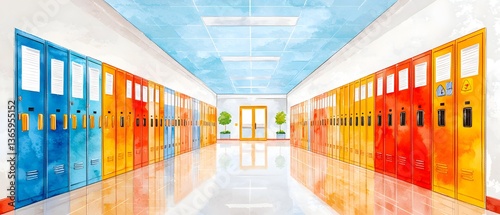 Colorful school hallway scene school environment watercolor painting bright atmosphere artistic viewpoint educational concept