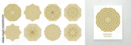 Set of striped minimalist shapes with optical illusion effect. Emblems or geometric shapes for your design. 3D illustration for brochure, card, cover, poster, presentation, flyer or banner.