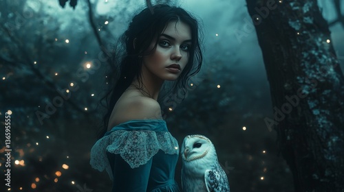 A captivating woman stands beside an owl in a twilight forest, bathed in soft, mystical light. The forest is dark, with glowing embers in the air, evoking a sense of magic and mystery.. AI Generation