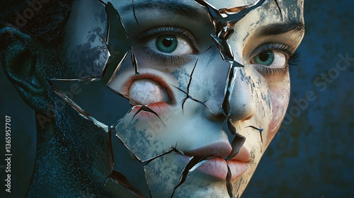 Surreal portrait of a cracked face revealing inner layers