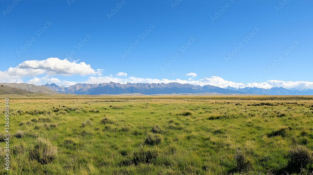 Vast Grassland Meets Distant Mountain Range Under Clear Blue Sky Vast Grassland Meets Distant Mountain Range Under Clear Blue Sky