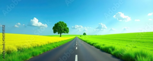 Endless straight road, vibrant green field, clear blue sky, silhouetted trees , daytime, background