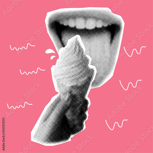 Open mouth and hand holding ice cream with halftone dotted effect,trendy collage design on pastel pink