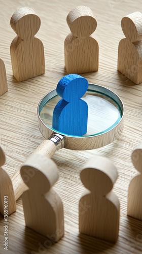 Blue figurine among wooden people under magnifying glass on wood. Job search concept