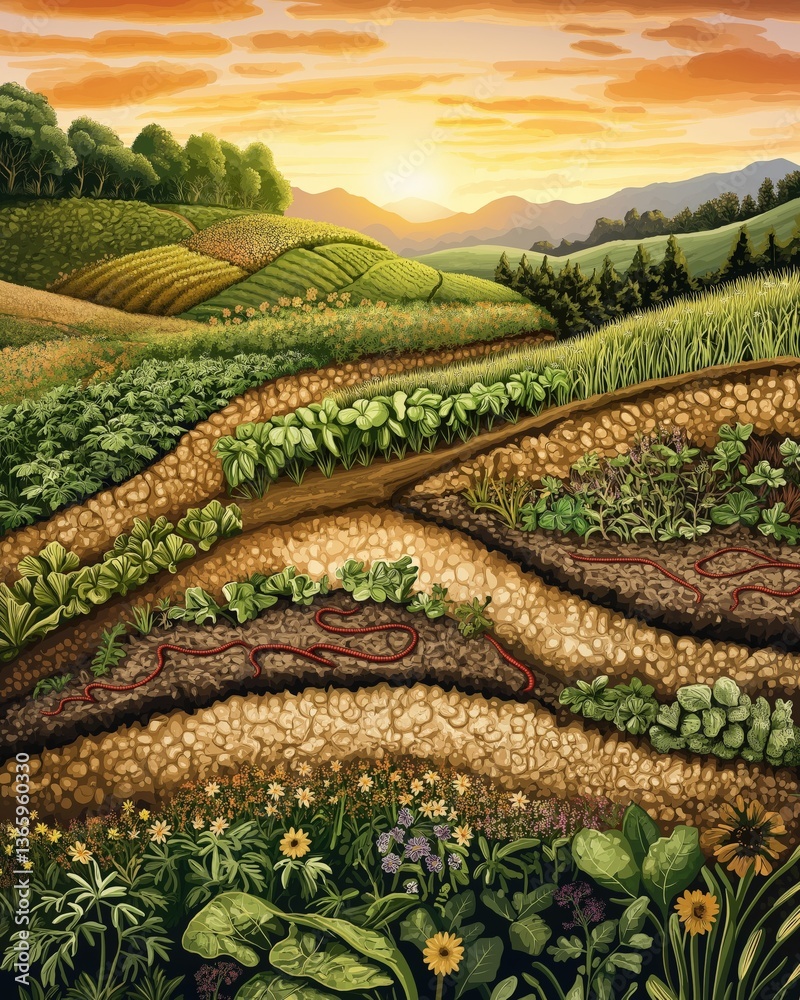 Fototapeta premium Vibrant agricultural landscape cross-section at sunrise with crops, soil, and rolling hills