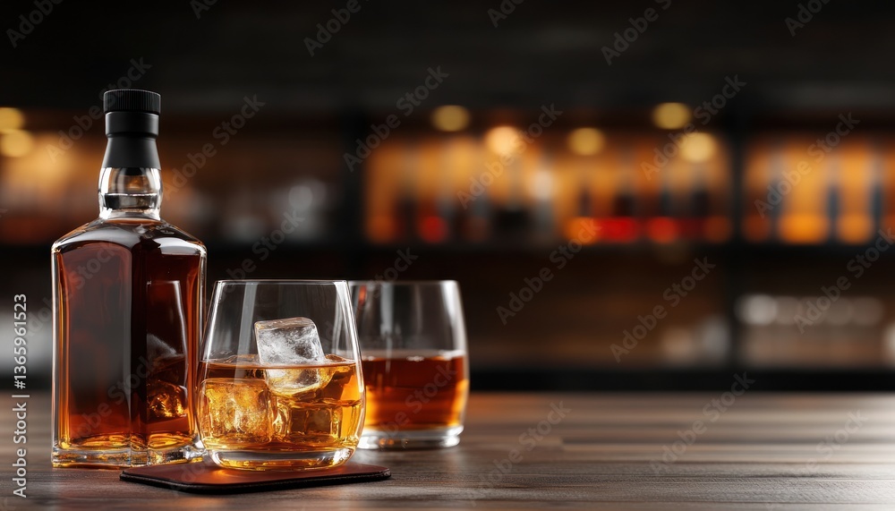 Whiskey bottle and glasses with ice Whiskey bottle and glasses with ice
