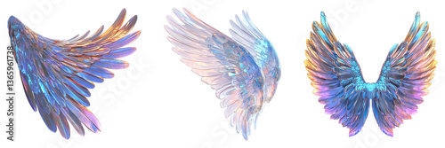 Holographic 3d render wing isolated on transparent background. PNG ,Set of
