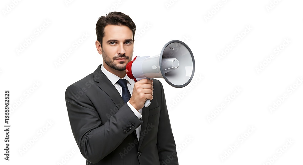 Man in suit holding a megaphone on white backgroundisolated on white background Man in suit holding a megaphone on white backgroundisolated on white background