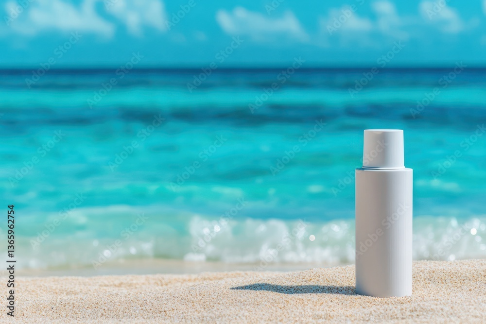 White bottle on sand with blurred sea background White bottle on sand with blurred sea background