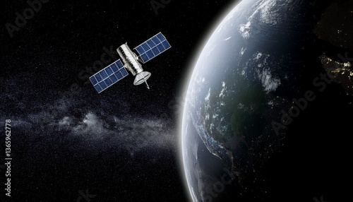 Silhouette of a satellite orbiting above the Earth with one side hidden