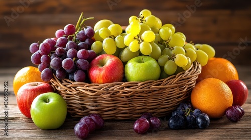 Fototapeta Naklejka Na Ścianę i Meble -  A wicker basket filled with assorted fresh fruits like apples, grapes, and oranges on a wooden table