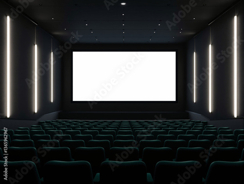 Modern cinema interior with empty seats and a large blank screen. The walls feature vertical light fixtures, creating a sleek atmosphere. Ai generative