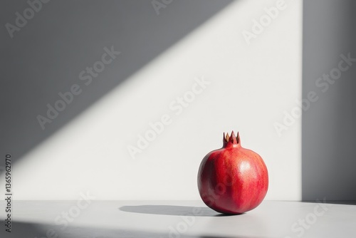 A singular ripe pomegranate fruit resting near bright natural light
