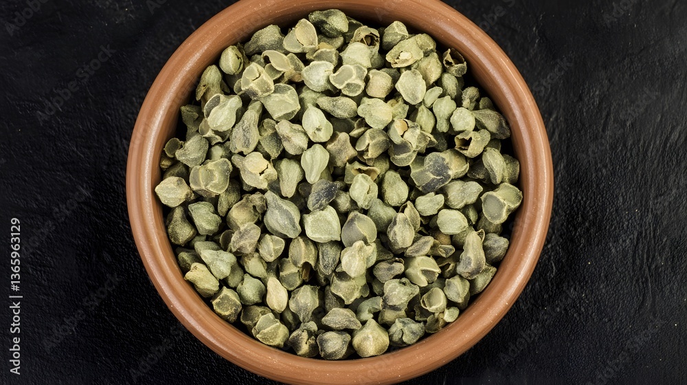 Fototapeta premium Dried Seeds in Clay Bowl Top View Closeup