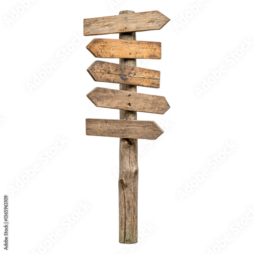 Weathered wooden signpost displaying directional arrows in nature outdoor landscape rustic charm on transparent background