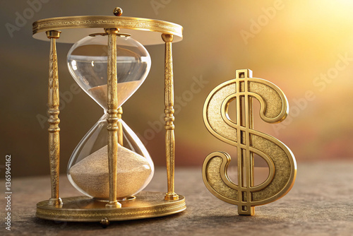 Elegant hourglass and golden dollar sign symbolizing the passage of time and the value of money with warm lighting and a blurred background