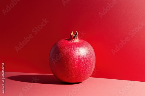 A solitary red pomegranate sits in front of a gradient background