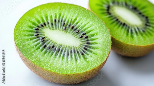 A sliced kiwi with its bright green interior placed on a white background, showcasing its seeds and texture