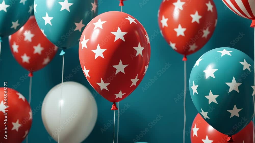 Colorful star-patterned balloons on teal background Happy 4th of July, Independence Day USA