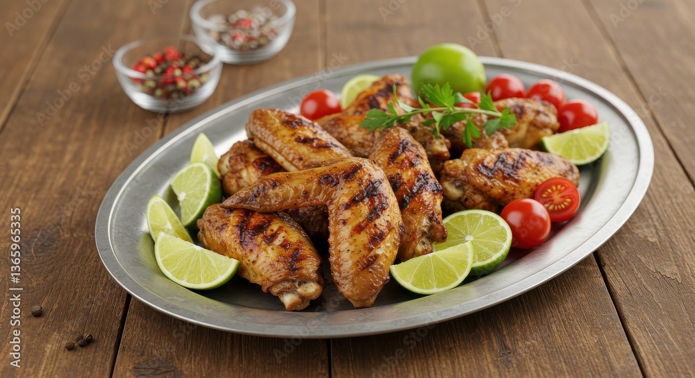 Grilled chicken wings served on a platter with lime wedges and cherry tomatoes on a wooden table top Grilled chicken wings served on a platter with lime wedges and cherry tomatoes on a wooden table top