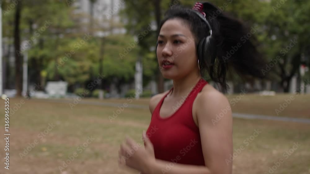 Active woman jogging in a park, enjoying a workout with headphones on