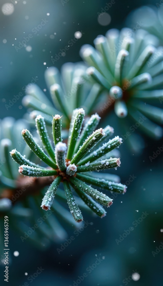 Fototapeta premium Delicate snowflakes dust frosted pine needles , branches, details, branch