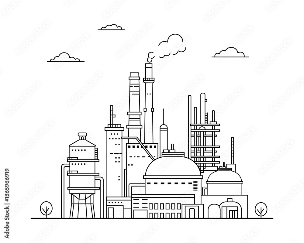 Fototapeta premium chemical industry enterprise. Horizontal industrial landscape silhouette. Oil refinery, tanks, pipes, production of petroleum products, liquefied gas, chemistry.