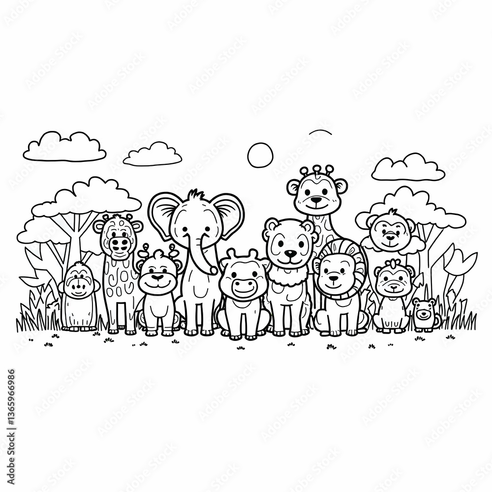 Fototapeta premium Children’s Safari Animal Illustration – Color & Line Art