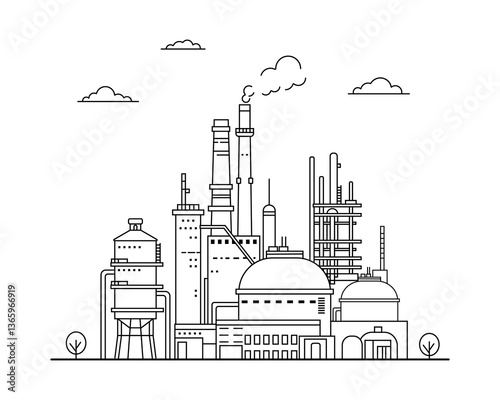 chemical industry enterprise. Horizontal industrial landscape silhouette. Oil refinery, tanks, pipes, production of petroleum products, liquefied gas, chemistry.