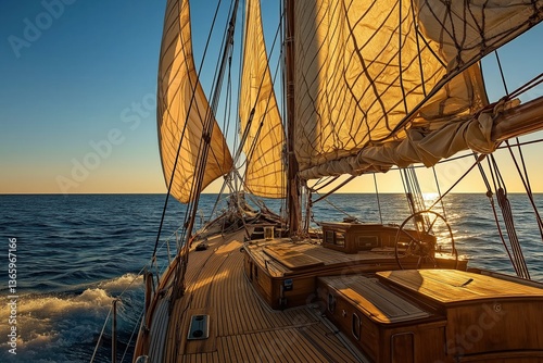 Wooden sailboat gliding through ocean at sunset with golden sails