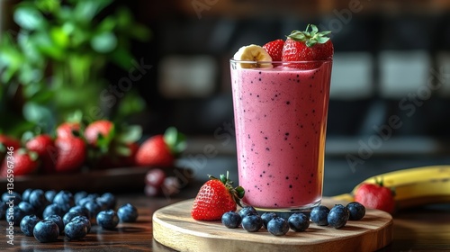 A refreshing fruit smoothie in a glass, made from strawberries, bananas, and blueberries