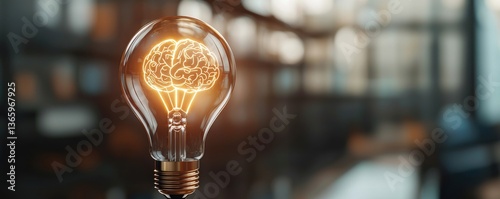 A glowing light bulb shaped like a brain, symbolizing ideas and creativity in a modern, blurred background. photo
