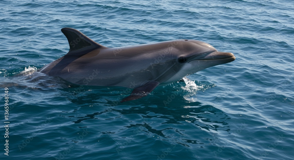 Naklejka premium Elegant dolphin surfaces in tranquil ocean, showcasing grace and intelligence
