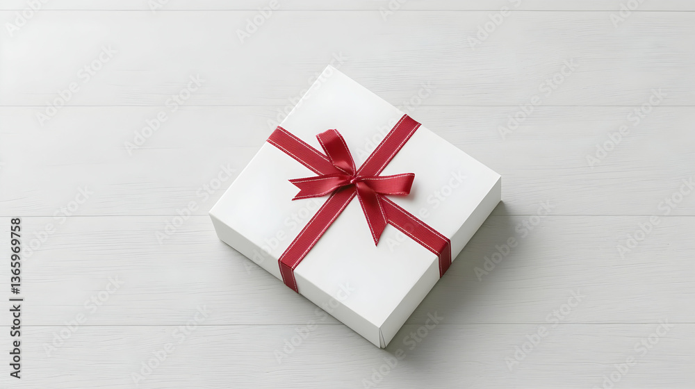 custom made wallpaper toronto digitalWhite Gift Box with Red Ribbon Bow on a Rustic White Wooden Surface with Natural Lighting